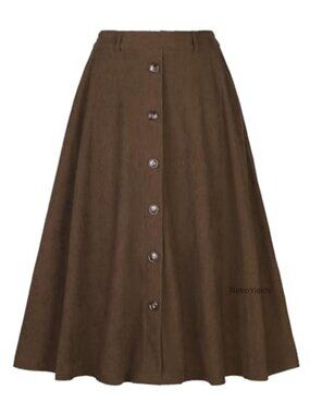 High Waist A-Line Flared Midi Corduroy Skirt Button Down Elastic Waist